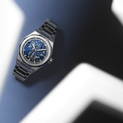 DEFY Skyline Skeleton steel automatic watch with black open